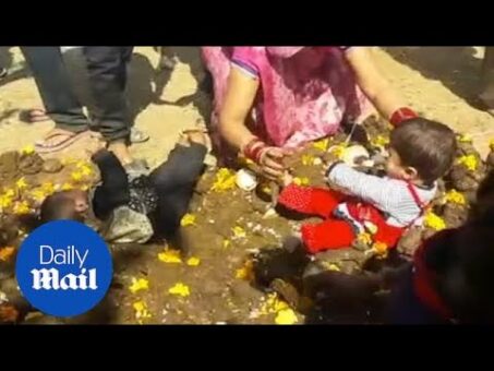 Crying children are thrown in COW POO during Hindu festival!