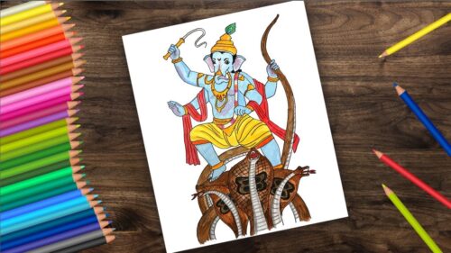 God Ganesha as Krishna avatar fighting snake kalia | Ganesha Drawing | Ganpati drawing
