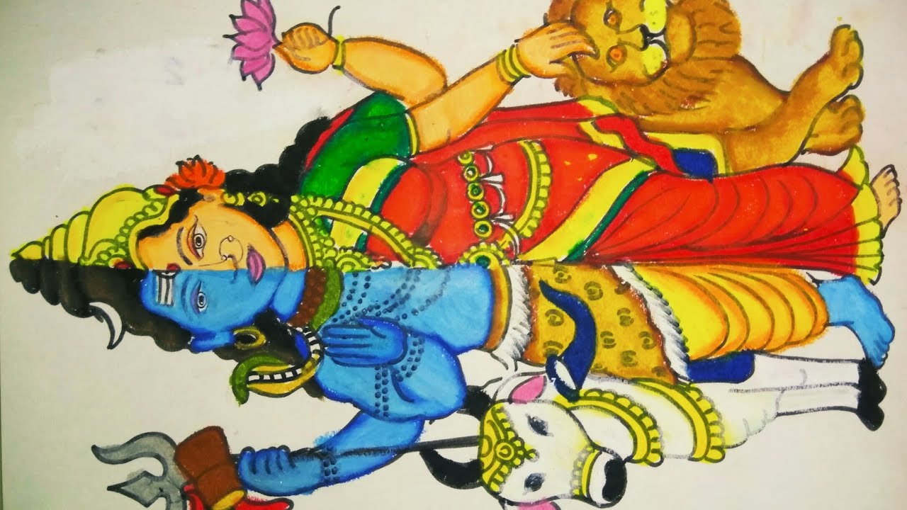 How to draw half lord Shiva and half Goddess Parvati using oil pastels easily