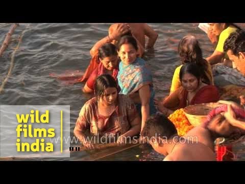 Hindu women bathe in the Ganges to observe Shivratri, Varanasi