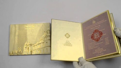 D-6093, Gold Color, Shimmery Finish Paper, Designer Multifaith Invitations, Hindu cards